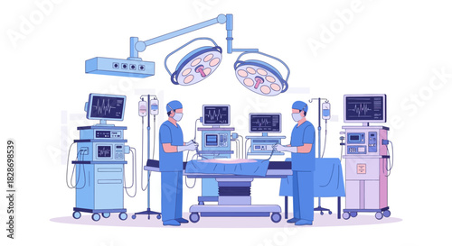 modern surgical operating room scene with medical staff coordinating patient