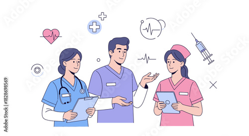 Healthcare Professionals Engaged in Medical Discussion with Digital Devices