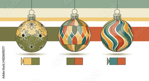 Vintage Christmas ornaments with retro color palette and playful graphic designs