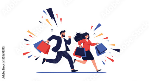 Excited young man and woman run with many shopping bags during a big sale or holiday season.