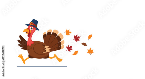 Happy Thanksgiving turkey in a pilgrim hat runs with a trail of colorful autumn leaves behind it.