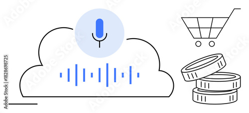 Cloud with microphone and soundwaves, shopping cart, and coins. Ideal for AI, voice command, e-commerce, digital transaction, fintech cloud computing consumer behavior. Simple flat metaphor