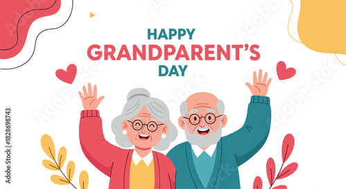 A greeting card for Happy Grandparent's Day shows a cheerful elderly couple waving lovingly.