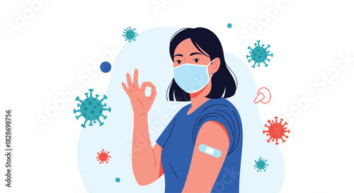 A woman with a band-aid on her arm after receiving a covid-19 vaccine gives an okay sign.