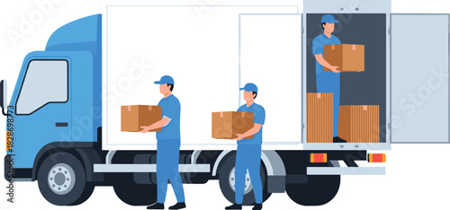 Delivery workers loading boxes into cargo truck, logistics team handling packages, transportation service illustration for shipping, distribution, courier operations and warehouse support