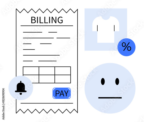 Receipt with PAY button, notification bell, product icon, and discount tag linked to consumer satisfaction. Ideal for online payment, billing, discounts, e-commerce, notifications shopping modern