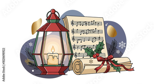 Winter Holiday Harmony: A Festive Still Life with Lantern, Sheet Music, and Holly Design