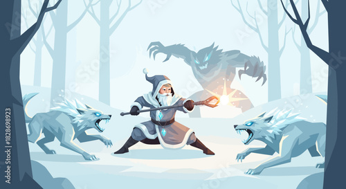 Winter Wizard Confrontation: A Stylized Scene of a Magical Battle in a Snowy Forest