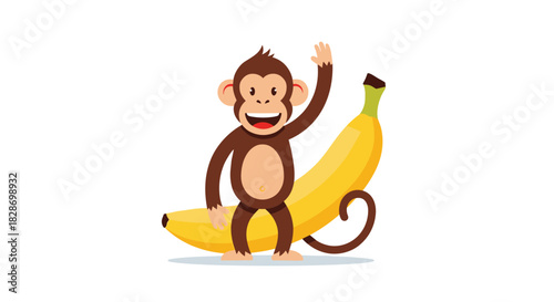 Friendly and playful cartoon monkey is holding a large yellow banana ready to be eaten.