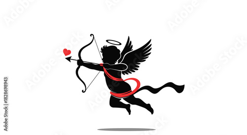 Cute little cupid character with wings and a halo shoots an arrow from his bow to spread love.