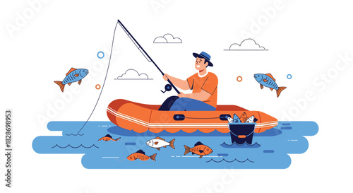 A man enjoys a peaceful day of fishing from his small inflatable boat in the middle of a lake.