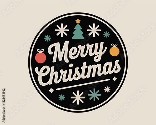 Retro merry christmas circle with ornaments and snowflakes
