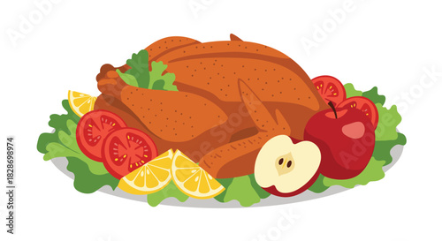 Delicious roasted turkey dinner is served on a platter with fresh apples lemons and tomatoes.