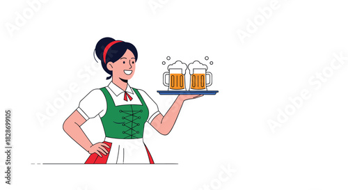 A cheerful waitress in traditional German attire balances a tray of frothy beer mugs.