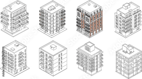 Isometric apartment buildings vector illustration set, modern urban residential architecture design, detailed multi-storey housing block collection for city planning, construction and real 