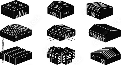 Industrial warehouse building icons set, modern factory storage facility silhouettes, logistics distribution center illustrations, black isometric architectural vector collection