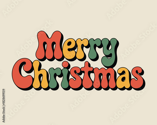 Retro groovy merry christmas text with warm colors