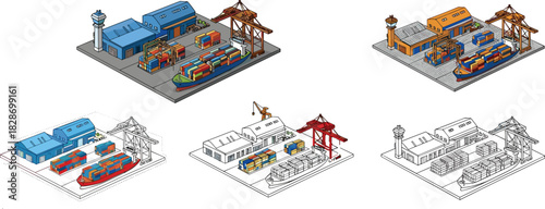 Isometric cargo port illustration with container ships, industrial cranes, warehouses, logistics operations, maritime transport infrastructure, global shipping hub,