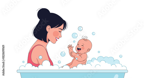 A mother gently bathes her happy baby who splashes playfully amidst bubbles.