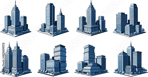 Isometric city building vector icons set featuring modern blue skyscrapers and office blocks on isolated white background for urban architecture design projects and maps.