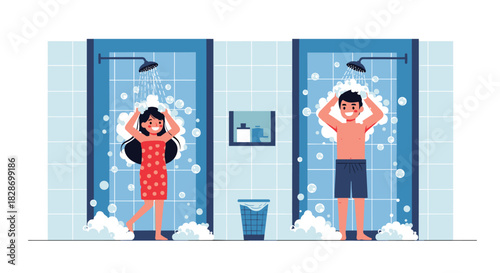 People are shown using public showers demonstrating hygiene practices in a communal setting.