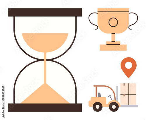 Hourglass symbolizing time, trophy representing success, forklift and boxes for logistics concepts, and location marker for navigation. Ideal for productivity, goals, logistics, planning, tracking