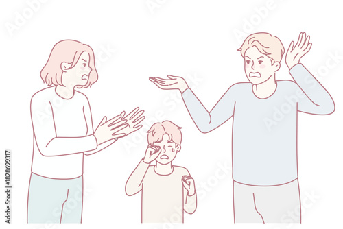 Little boy crying with mad parents argue near. Furious careless mother and father fight scream near small son. Children trauma, domestic violence. Vector illustration.