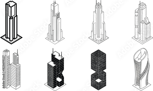 Isometric skyscraper illustrations, modern high rise buildings, architectural tower designs, urban city skyline elements, futuristic architecture icons, detailed structure drawings, 