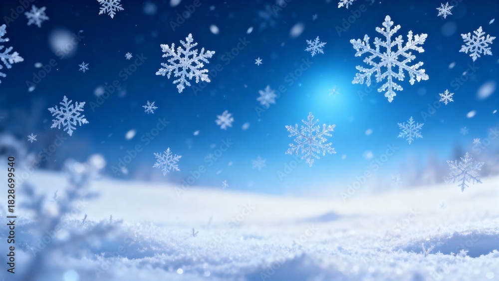 Naklejka premium Snowflakes falling over a snowy landscape under a bright blue sky