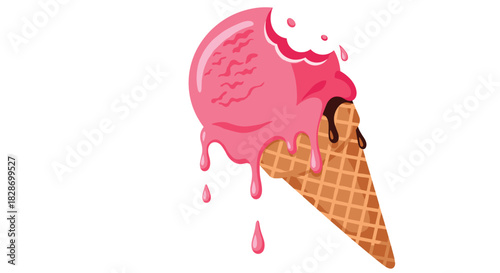 A scoop of pink ice cream in a cone is shown melting down the sides.