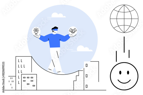 Technology concept. Technology by a man balancing innovation and global collaboration in an urban setting. Technology driving progress and sustainable solutions. For business, innovation, teamwork