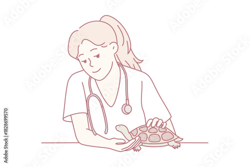vet examining small turtle on table, gentle female veterinarian uses stethoscope to check shell and breathing,
