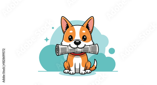 A loyal Corgi dog brings a newspaper in its mouth as a helpful and friendly gesture.