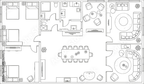 Modern architectural floor plan layout, detailed interior blueprint with living areas, bedrooms, dining room, office zones, furniture arrangement, professional real estate drawing