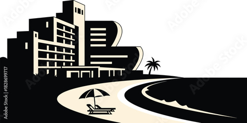 Modern beachfront resort illustration, luxury hotel architecture, tropical vacation scene, curved shoreline, palm trees, sunbed and umbrella, minimalist travel design, coastal tourism concept artwork