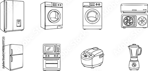 Household Appliances Line Art: Refrigerator, Washer, Air Conditioner, Oven, Rice Cooker, Blender