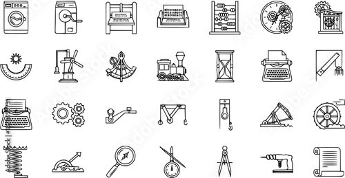 Collection of Retro Mechanical Icons: Engineering, Science  History Line Art