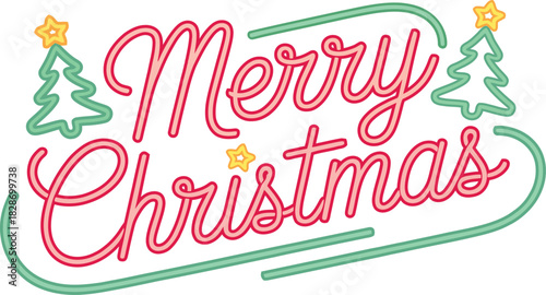 Retro neon merry christmas sign with trees and stars