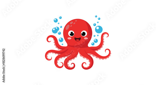 A friendly red octopus with large eyes smiles making it a cute and appealing sea creature character.