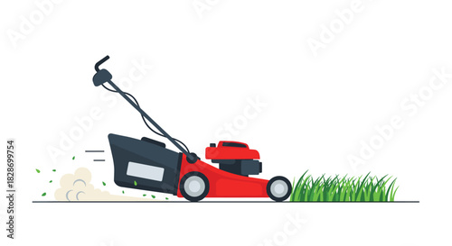 A lawn mower is shown in action cutting grass demonstrating garden and yard maintenance.