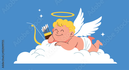 An angelic cherub floats on a cloud taking aim with a bow and arrow ready to inspire love.