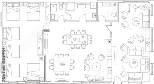 Modern residential floor plan layout with bedrooms, bathrooms, dining area, living room seating zones, detailed furniture arrangement, interior design blueprint, architectural drawing