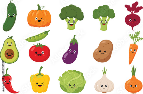 Cute Cartoon Vegetable Character Vector Set Featuring Funny Cucumber, Pumpkin, Broccoli, Carrot, Chili, and Assorted Produce with Expressive Faces.