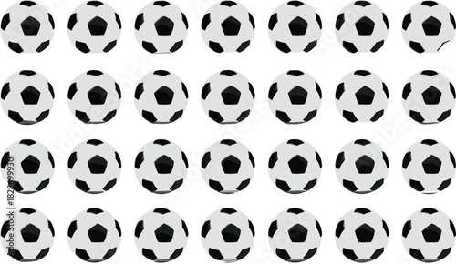 Seamless pattern of classic black and white soccer balls arranged in neat rows, creating a sporty background ideal for athletics, games, and design projects