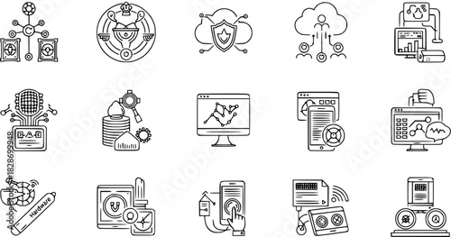Modern Technology Hand-Drawn Doodle Icon Set. AI, Cloud, Data Science, and Innovation Line Art Illustrations.
