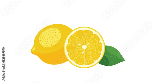 Two bright yellow lemons a whole one and a cut half are presented as a fresh citrus pair.