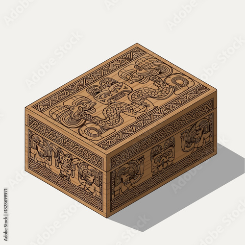 Detailed Isometric Illustration of a Carved Wooden Box with Mayan Motifs