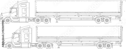 Semi truck trailer blueprint, detailed line art drawing, commercial freight vehicle illustration, transportation engineering diagram, cargo truck side view, technical 