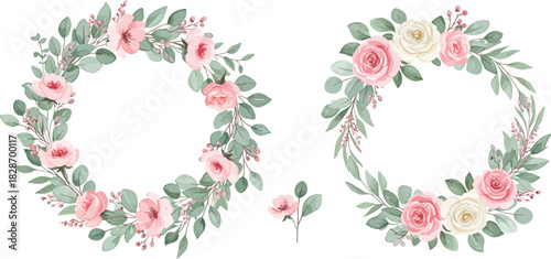 Two delicate watercolor floral wreaths with pink roses and green leaves on a white background