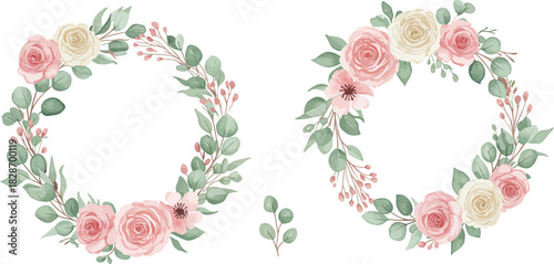Two delicate floral wreaths with soft pink and cream roses and green foliage on a white background